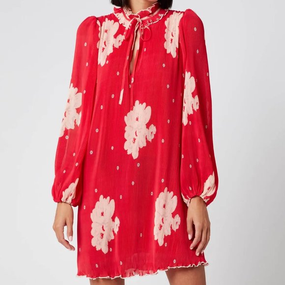 Ganni Floral Pleat Georgette Mini Dress Size 34 - Picture 1 of 6